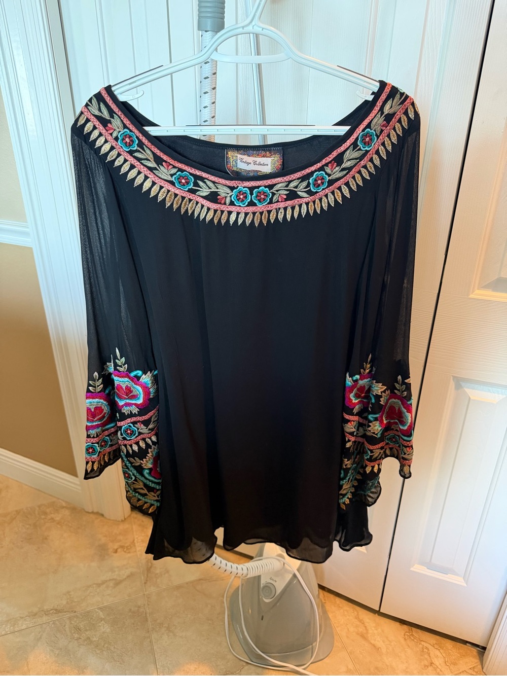 Johnny Was Havana Black Embroidered Sheer Tunic with Multicolor Floral Accent